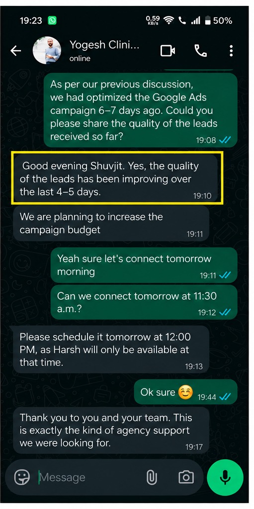 Client feedback about improved Google Ads lead quality
